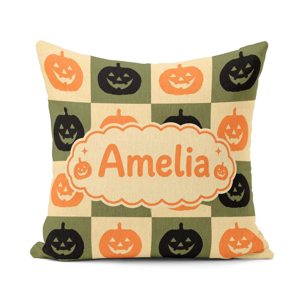 Custom Name Halloween Pumpkin Faces in Olive and Beige Seamless Square Filled Cushion Throw Pillow Sofa Bed Home Decor Zip Washable UK Made