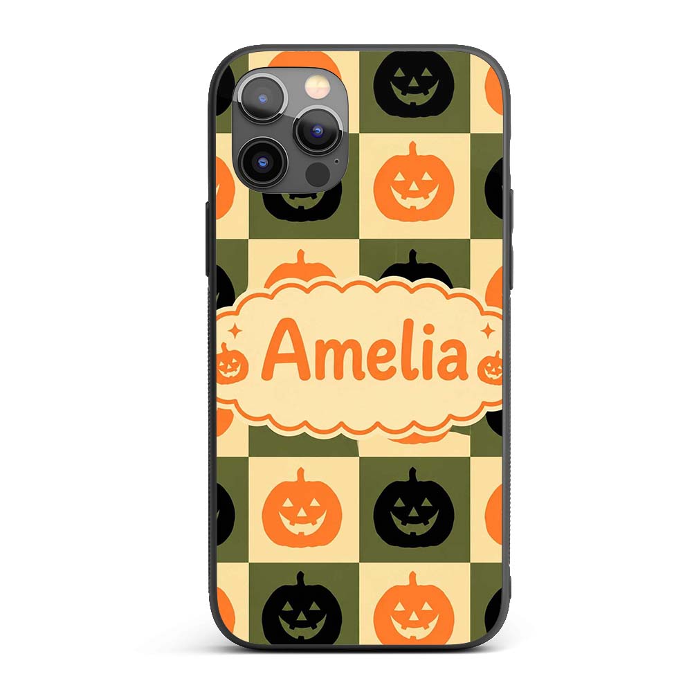 Halloween Pumpkin Faces in Olive Printed Design Custom Name Protective Phone Case Mobile Cover Durable Everyday Smartphone Shock Resistant