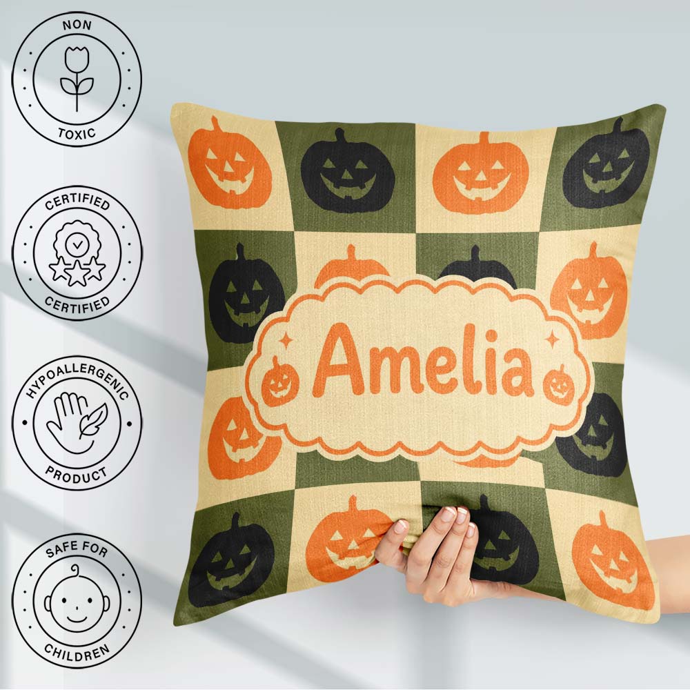 Custom Name Halloween Pumpkin Faces in Olive and Beige Seamless Square Filled Cushion Throw Pillow Sofa Bed Home Decor Zip Washable UK Made