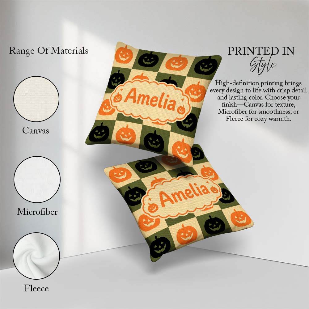 Custom Name Halloween Pumpkin Faces in Olive and Beige Seamless Square Filled Cushion Throw Pillow Sofa Bed Home Decor Zip Washable UK Made