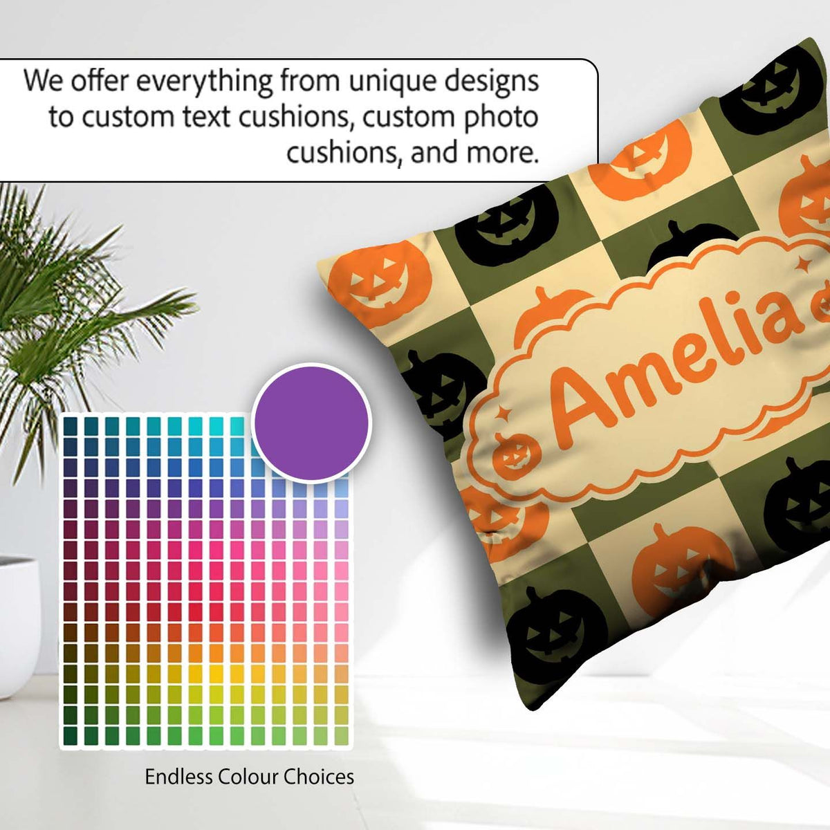 Custom Name Halloween Pumpkin Faces in Olive and Beige Seamless Square Filled Cushion Throw Pillow Sofa Bed Home Decor Zip Washable UK Made