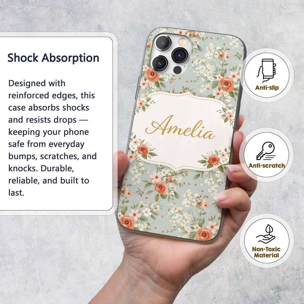Peach Rose Floral Pattern Blue Printed Design Custom Name Protective Phone Case Mobile Cover Durable Everyday Smartphone Shock Resistant