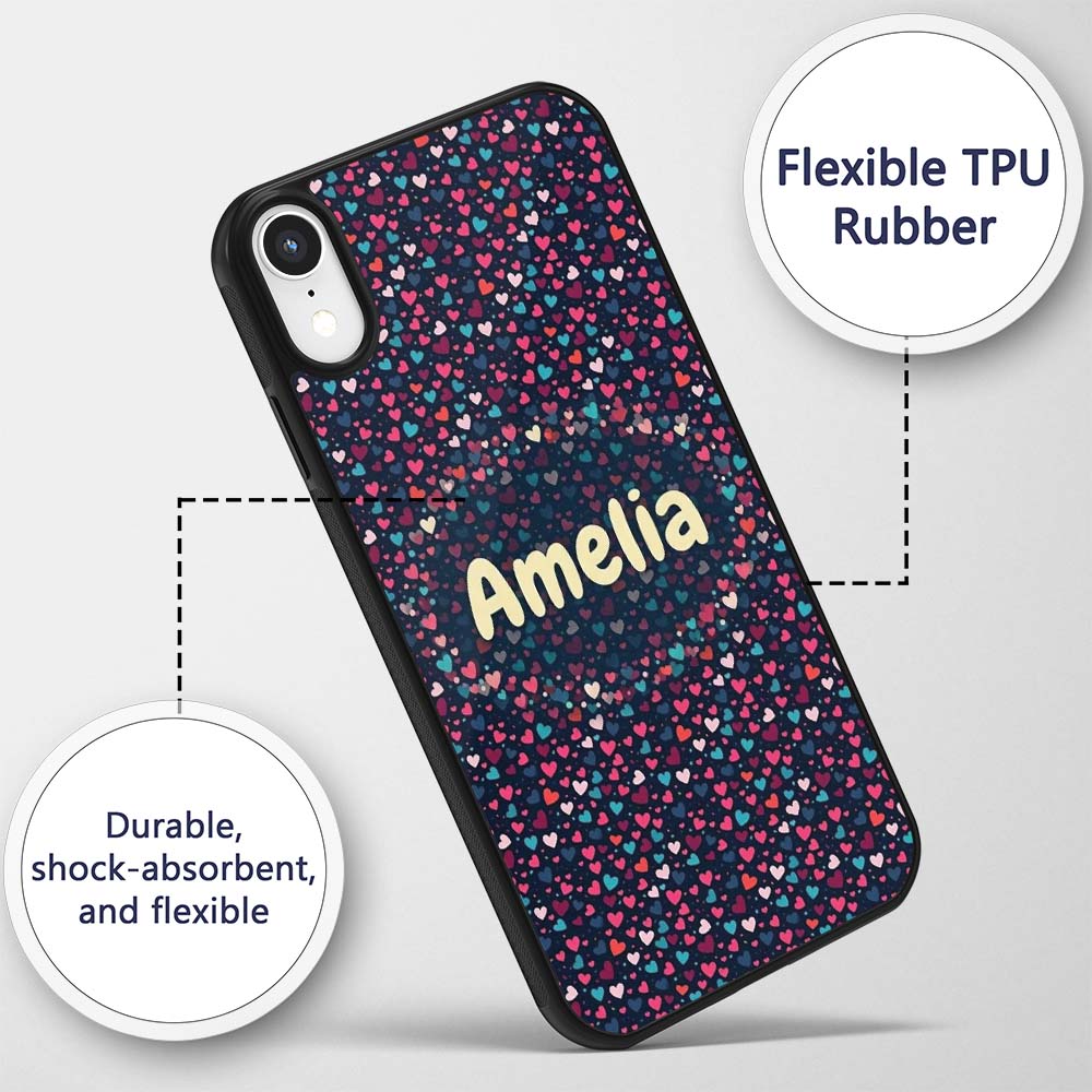 Colourful Hearts on Navy Background Cute Love Custom Name Protective Phone Case Mobile Cover Durable Everyday Smartphone Shock Resistant