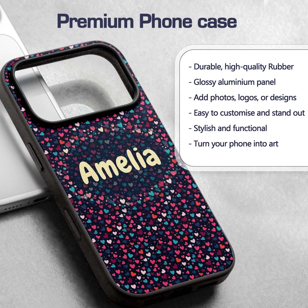 Colourful Hearts on Navy Background Cute Love Custom Name Protective Phone Case Mobile Cover Durable Everyday Smartphone Shock Resistant