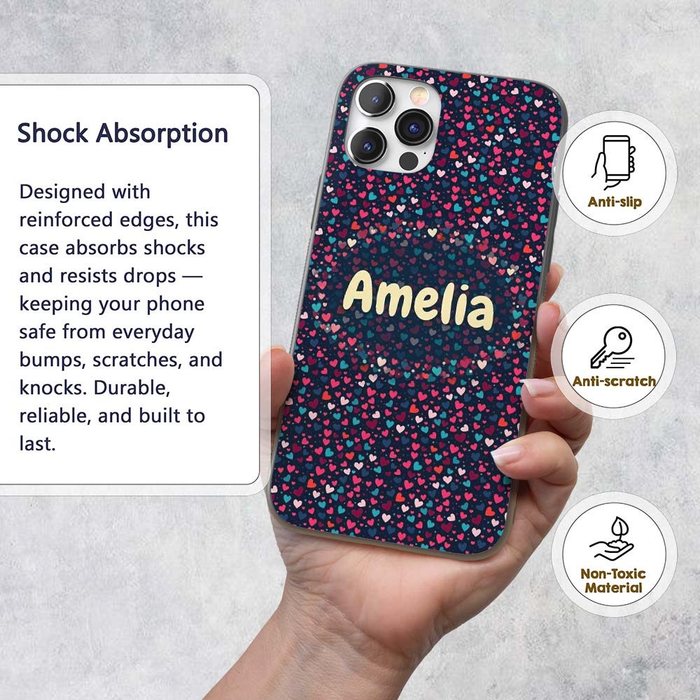 Colourful Hearts on Navy Background Cute Love Custom Name Protective Phone Case Mobile Cover Durable Everyday Smartphone Shock Resistant