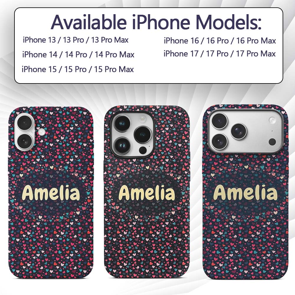 Colourful Hearts on Navy Background Cute Love Custom Name Protective Phone Case Mobile Cover Durable Everyday Smartphone Shock Resistant