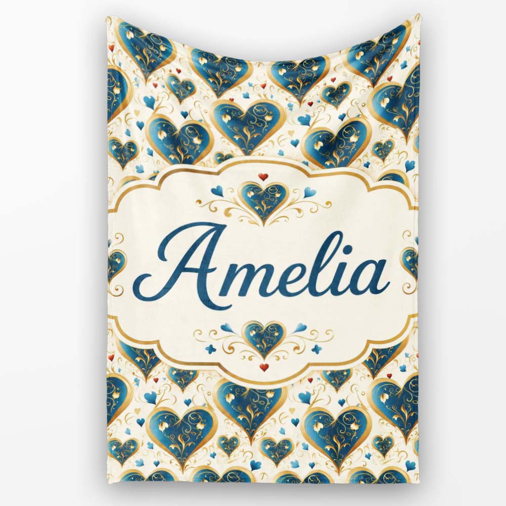 Elegant Blue Gold Ornate Heart Scrollwork Romantic Seamless Pattern Personalised Custom Name Super Soft Fleece Blanket Bed Sofa Throw