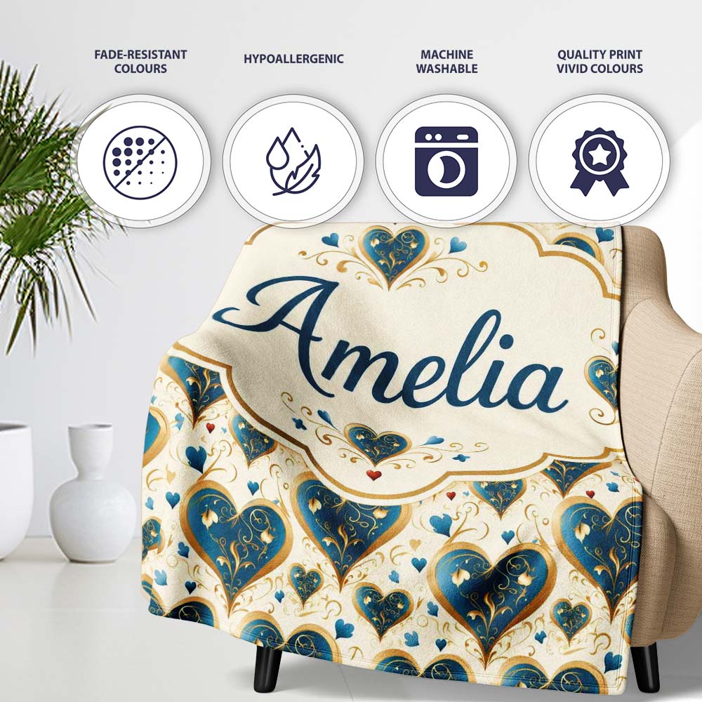 Elegant Blue Gold Ornate Heart Scrollwork Romantic Seamless Pattern Personalised Custom Name Super Soft Fleece Blanket Bed Sofa Throw