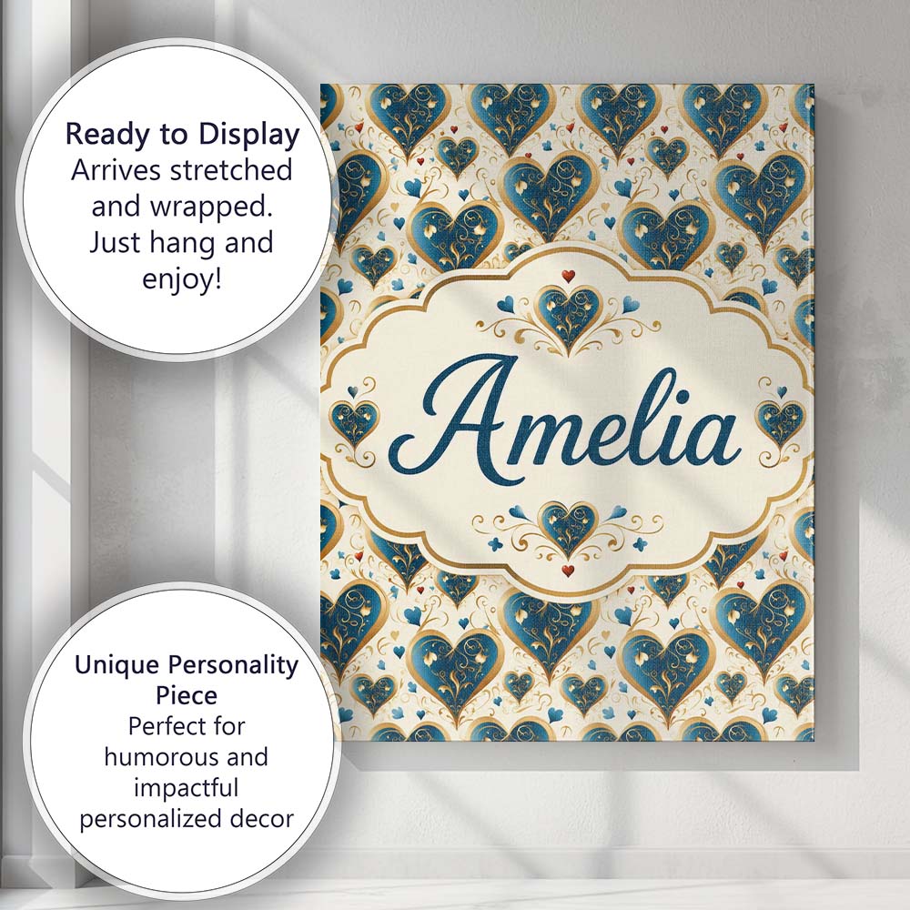 Personalised Name Elegant Blue Gold Ornate Custom Bespoke Contemporary Statement Canvas Wall Art Print Decor Picture Ready to Hang