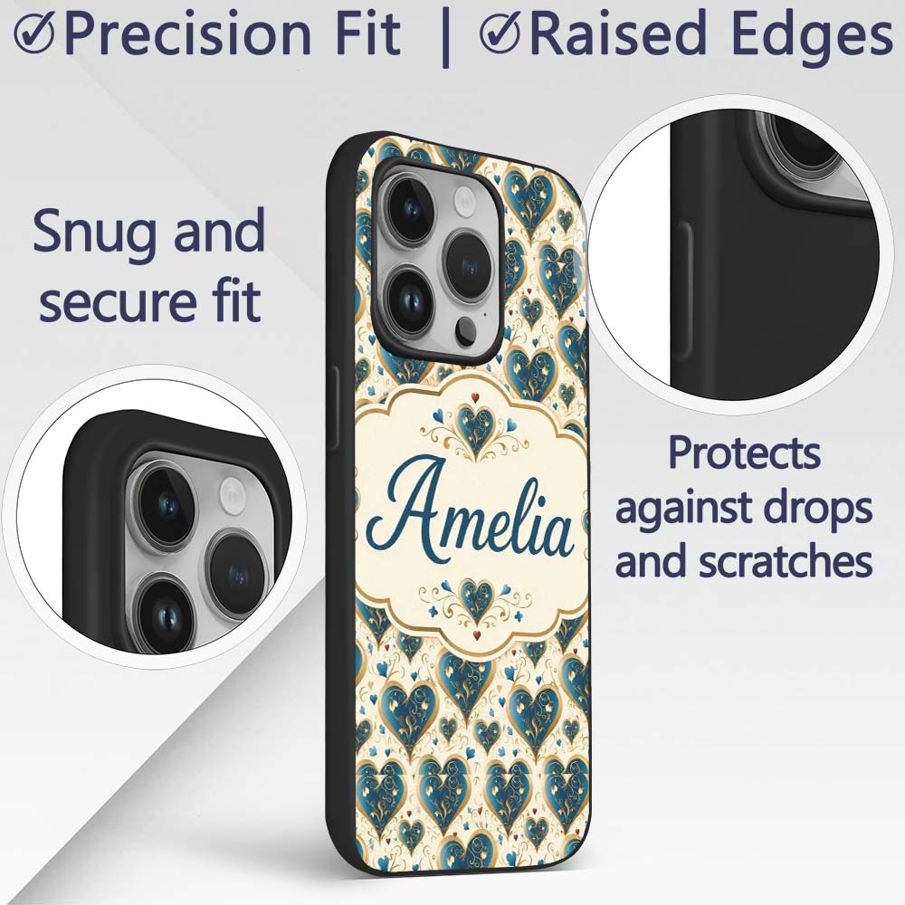 Elegant Blue Gold Ornate Heart Printed Design Custom Name Protective Phone Case Mobile Cover Durable Everyday Smartphone Shock Resistant