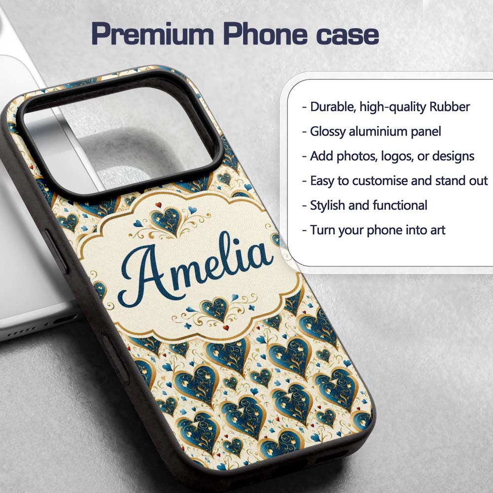 Elegant Blue Gold Ornate Heart Printed Design Custom Name Protective Phone Case Mobile Cover Durable Everyday Smartphone Shock Resistant