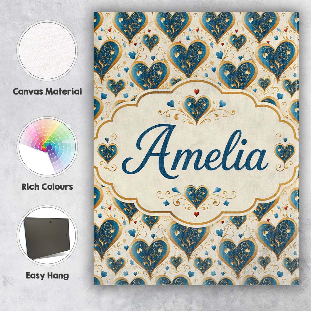 Personalised Name Elegant Blue Gold Ornate Custom Bespoke Contemporary Statement Canvas Wall Art Print Decor Picture Ready to Hang