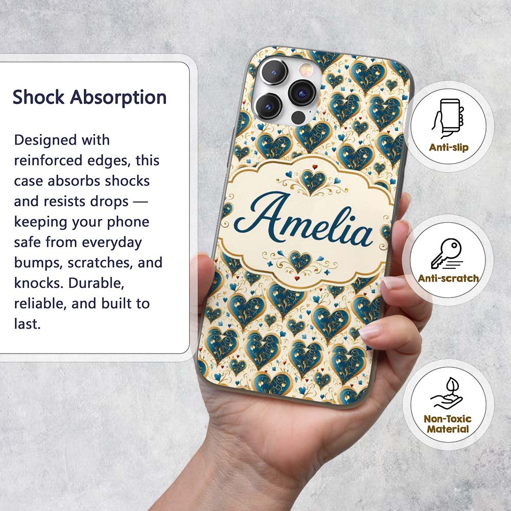 Elegant Blue Gold Ornate Heart Printed Design Custom Name Protective Phone Case Mobile Cover Durable Everyday Smartphone Shock Resistant