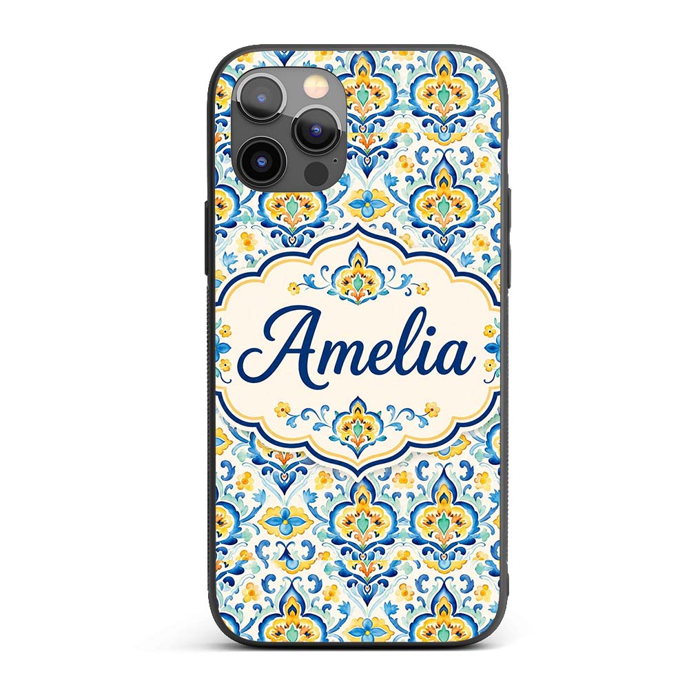 Vintage Floral Motif Blue Yellow Printed Design Custom Name Protective Phone Case Mobile Cover Durable Everyday Smartphone Shock Resistant