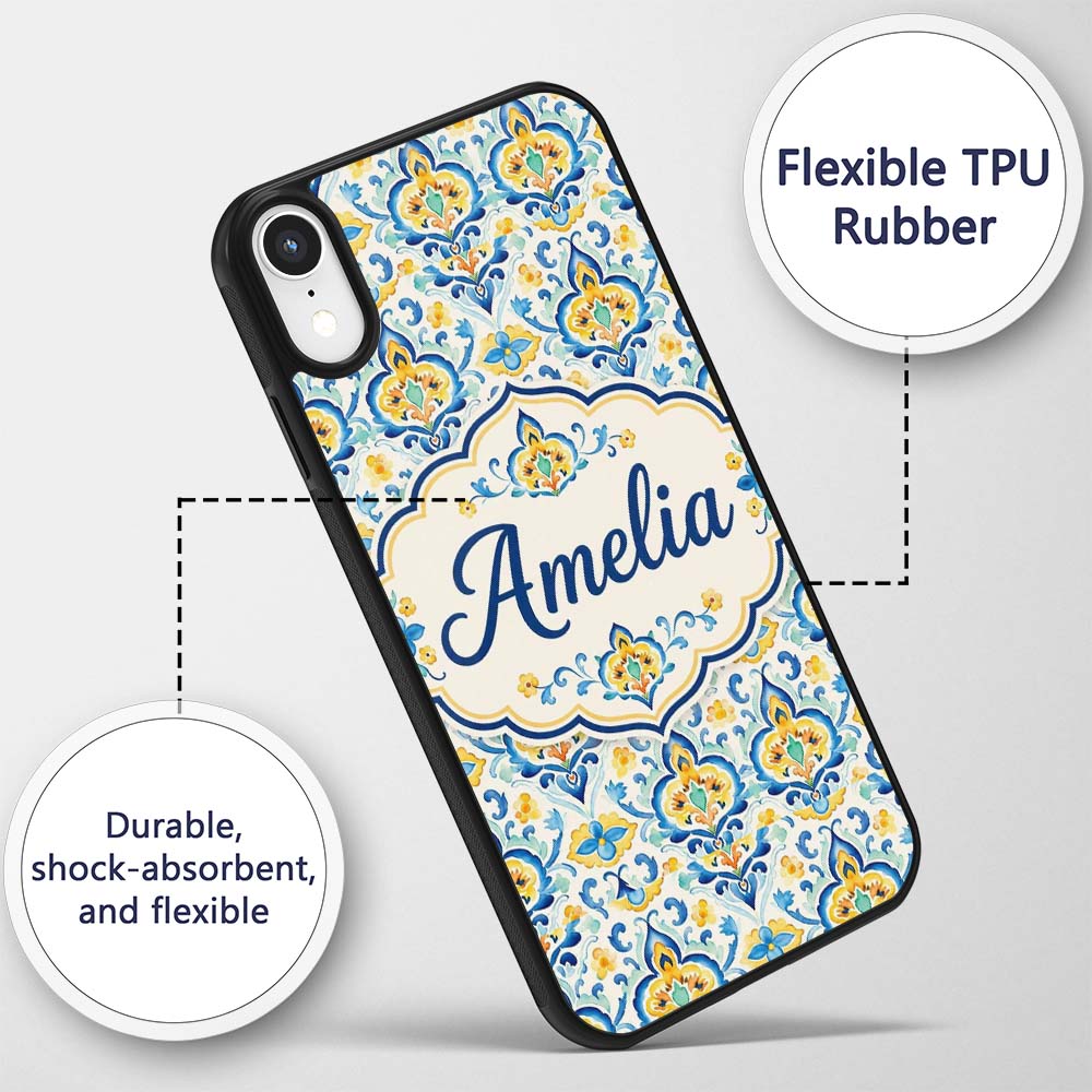 Vintage Floral Motif Blue Yellow Printed Design Custom Name Protective Phone Case Mobile Cover Durable Everyday Smartphone Shock Resistant