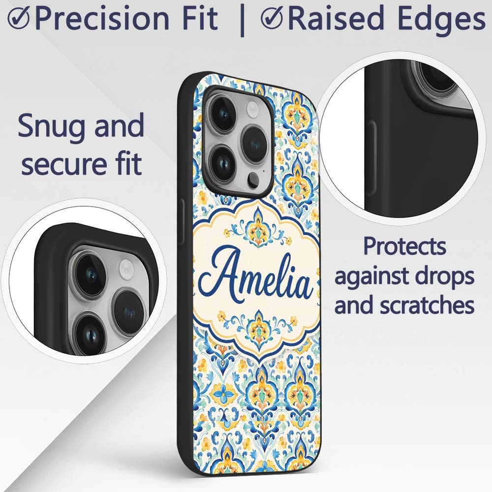 Vintage Floral Motif Blue Yellow Printed Design Custom Name Protective Phone Case Mobile Cover Durable Everyday Smartphone Shock Resistant