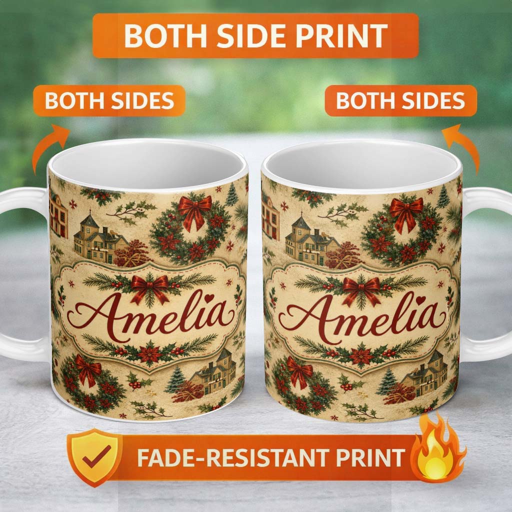 Personalized Custom Name Vintage Christmas Wreaths Bows Houses and Festive Holiday Elements 11oz Ceramic Coffee Tea Mug White Large Handle