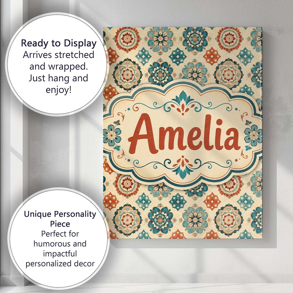 Personalised Name Boho Mandala Floral Custom Modern Room Accent Creative Decorator Style Canvas Wall Art Print Decor Picture Ready to Hang