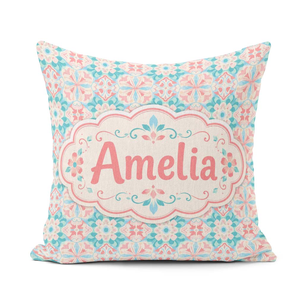 Custom Name Pastel Floral Tile Pink Teal Seamless Pattern Lovely Square Filled Cushion Throw Pillow Sofa Bed Home Decor Zip Washable UK Made