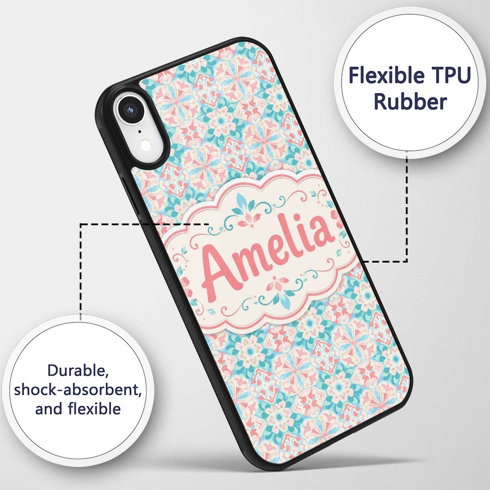 Pastel Floral Geometric Tile Pink Teal Seamless Custom Name Protective Phone Case Mobile Cover Durable Everyday Smartphone Shock Resistant