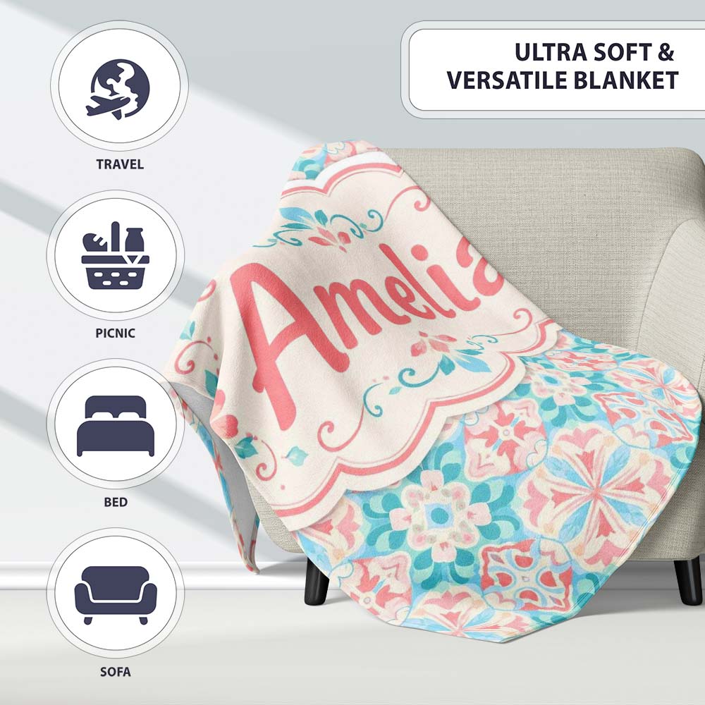 Pastel Floral Geometric Tile Pink Teal Seamless Pattern Lovely Personalised Custom Name Super Soft Fleece Blanket Bed Sofa Throw