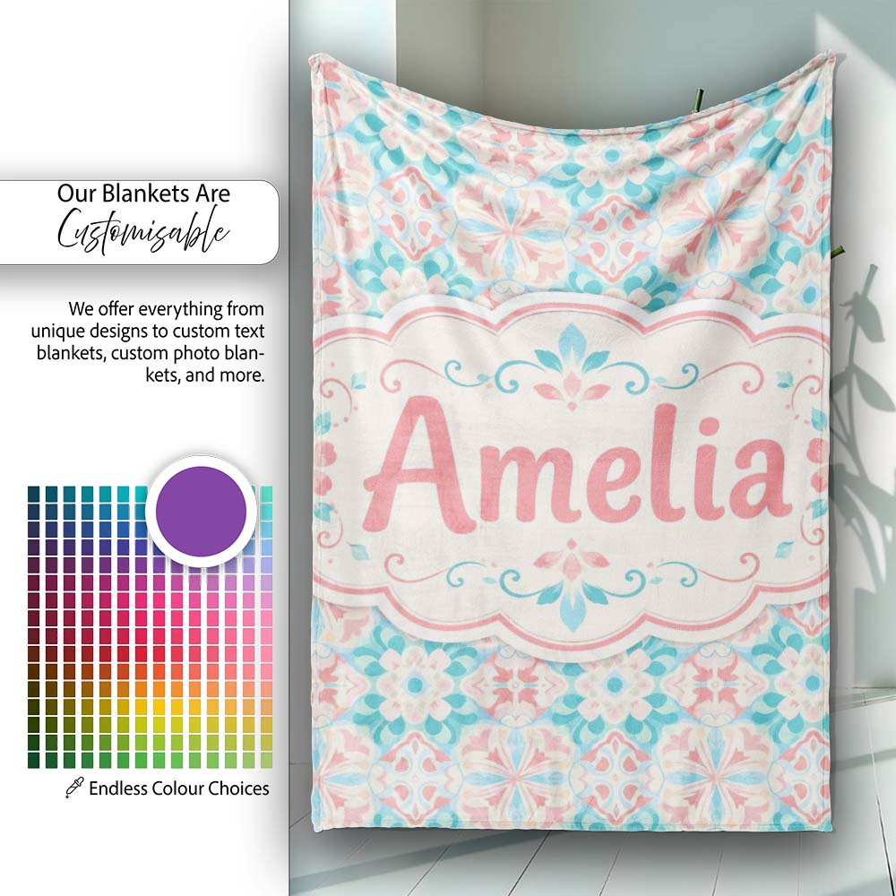Pastel Floral Geometric Tile Pink Teal Seamless Pattern Lovely Personalised Custom Name Super Soft Fleece Blanket Bed Sofa Throw