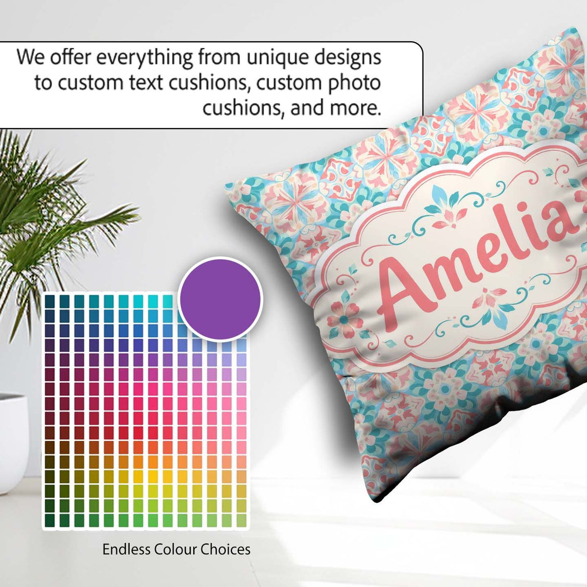 Custom Name Pastel Floral Tile Pink Teal Seamless Pattern Lovely Square Filled Cushion Throw Pillow Sofa Bed Home Decor Zip Washable UK Made
