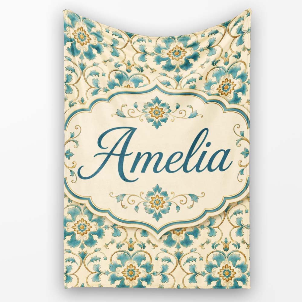 Classic Blue White Tile Floral Portuguese Style Seamless Pattern Personalised Custom Name Super Soft Fleece Blanket Bed Sofa Throw