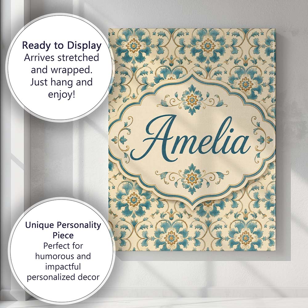 Personalised Name Classic Blue White Tile Custom Unique Gift Idea Elegant Feature Canvas Wall Art Print Decor Picture Ready to Hang