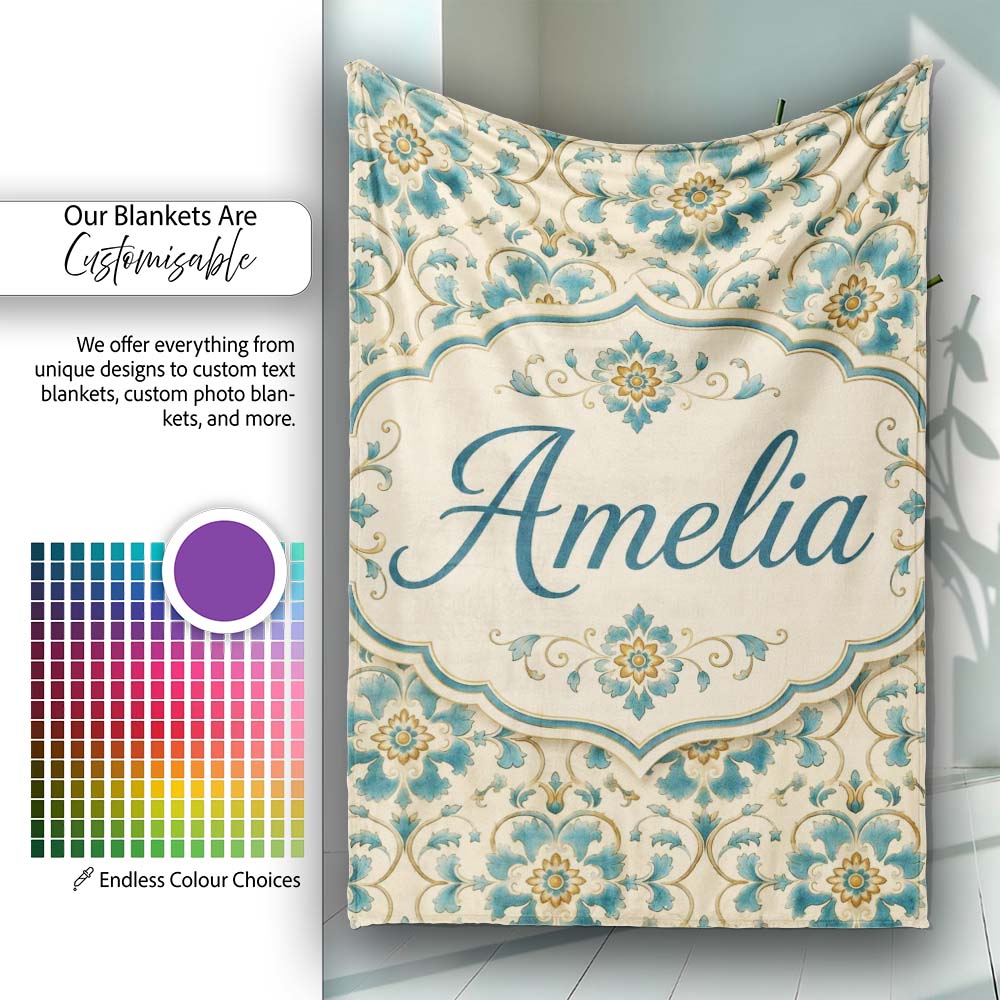Classic Blue White Tile Floral Portuguese Style Seamless Pattern Personalised Custom Name Super Soft Fleece Blanket Bed Sofa Throw