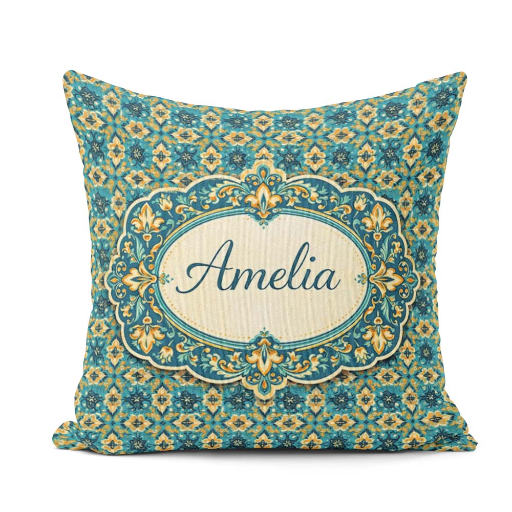 Custom Name Floral Daisy Motif Cream Orange Seamless Pattern Square Filled Cushion Throw Pillow Sofa Bed Home Decor Zip Washable UK Made