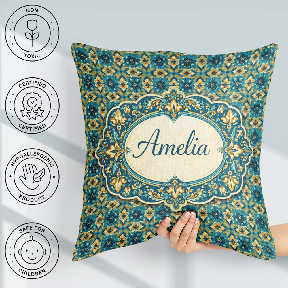 Custom Name Floral Daisy Motif Cream Orange Seamless Pattern Square Filled Cushion Throw Pillow Sofa Bed Home Decor Zip Washable UK Made
