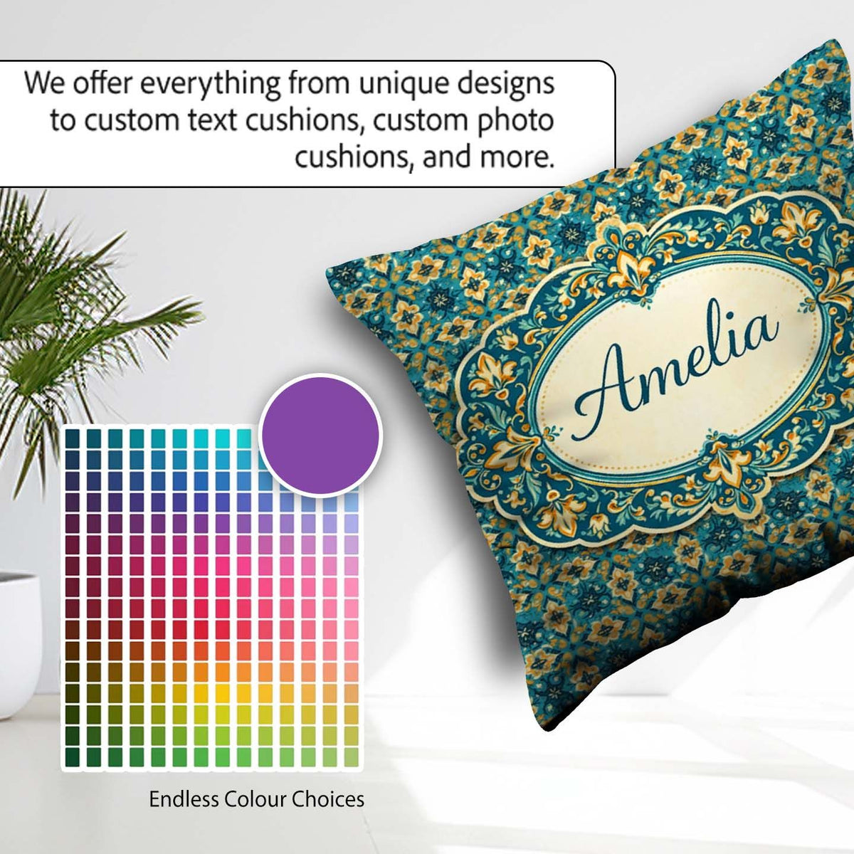 Custom Name Floral Daisy Motif Cream Orange Seamless Pattern Square Filled Cushion Throw Pillow Sofa Bed Home Decor Zip Washable UK Made