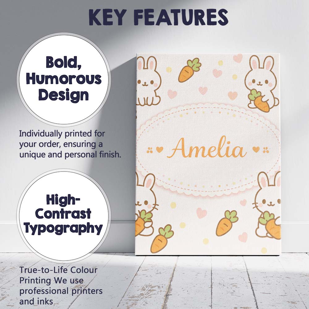 Personalised Name Cute Bunny Carrot Cartoon Animal Pattern Beautiful Custom Home Canvas Wall Art Print Decor Picture Ready to Hang
