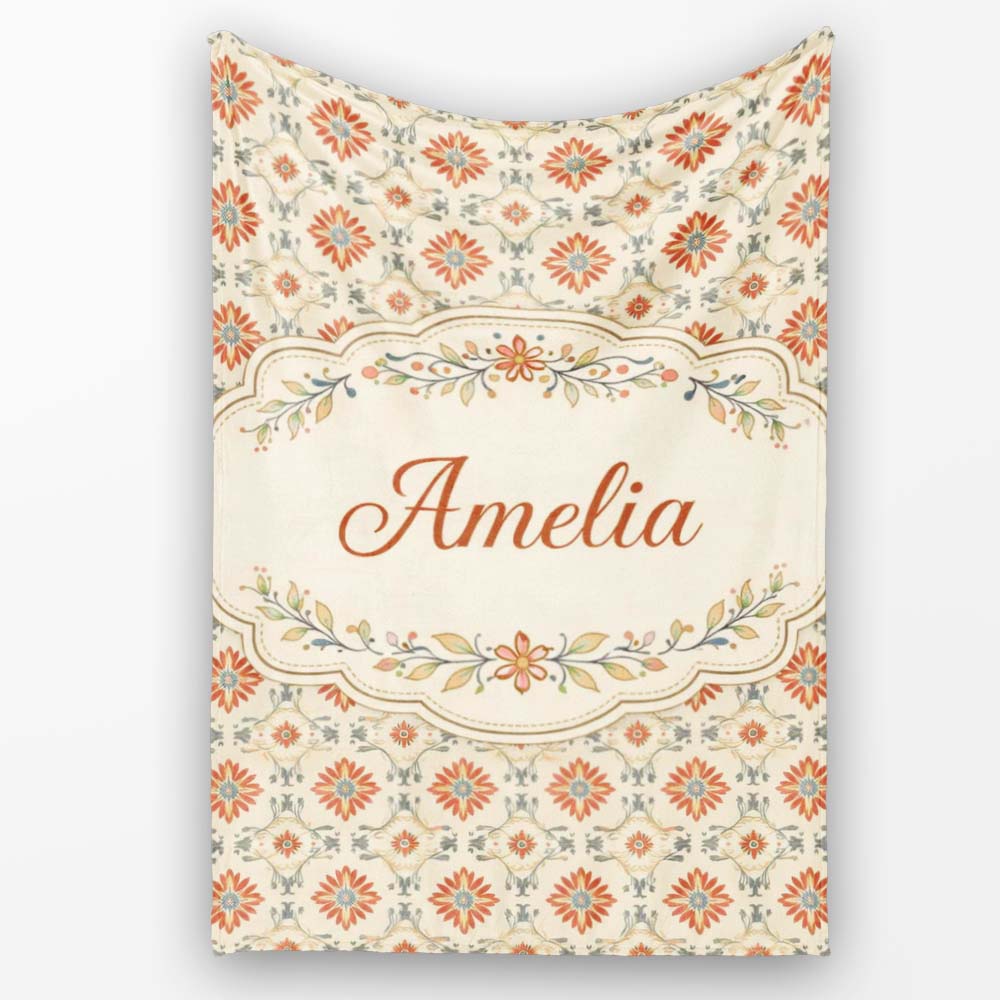 Aqua Orange Floral Tile Repeating Seamless Pattern Cute Unique Gift Personalised Custom Name Super Soft Fleece Blanket Bed Sofa Throw