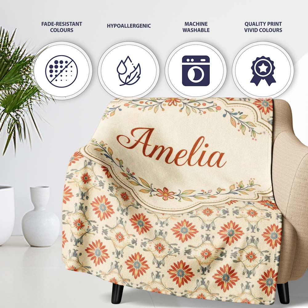 Aqua Orange Floral Tile Repeating Seamless Pattern Cute Unique Gift Personalised Custom Name Super Soft Fleece Blanket Bed Sofa Throw