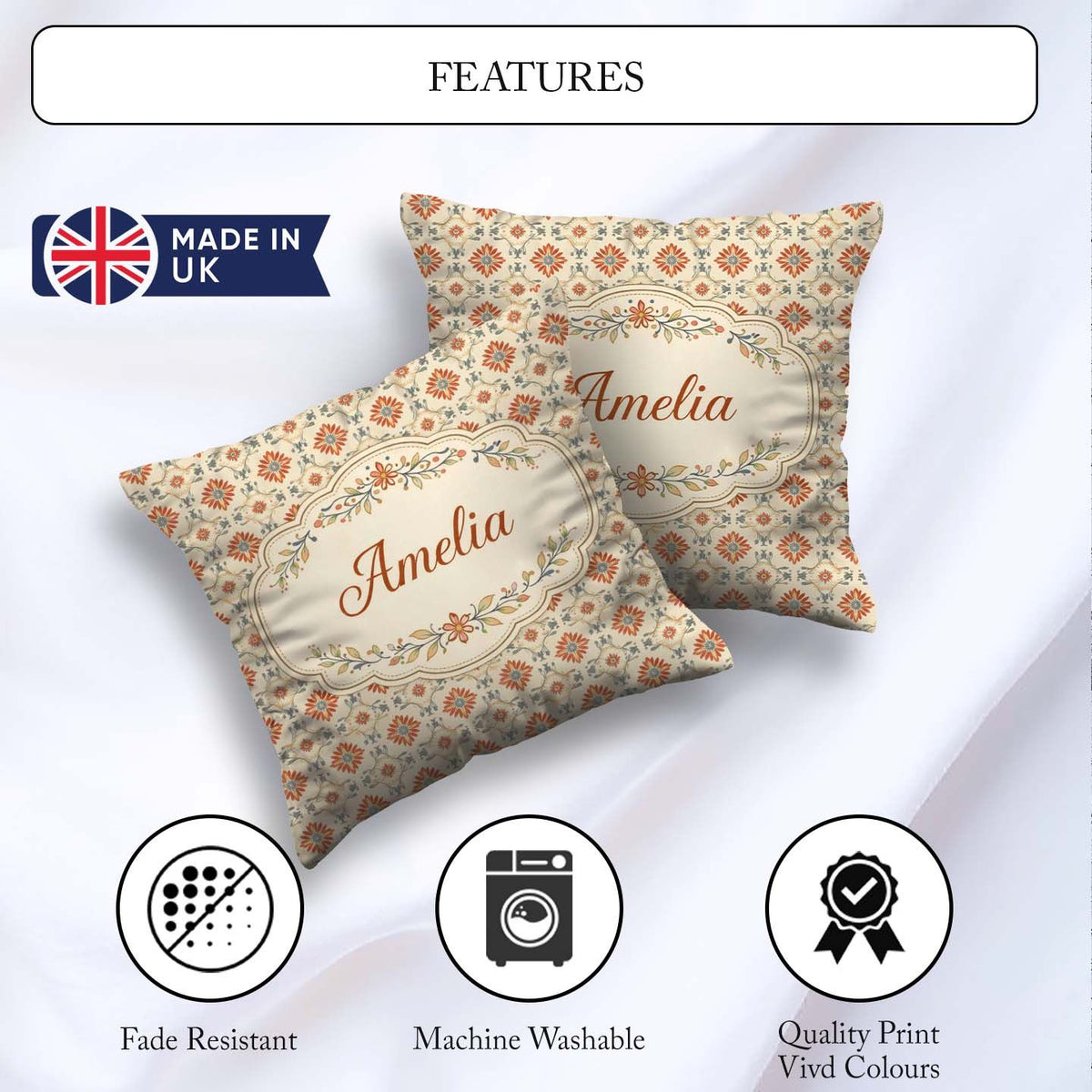 Custom Name Aqua Orange Floral Tile Repeating Seamless Pattern Square Filled Cushion Throw Pillow Sofa Bed Home Decor Zip Washable UK Made