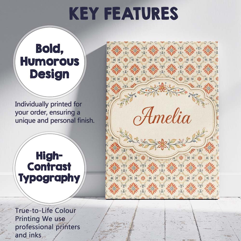 Personalised Name Aqua Orange Floral Tile Custom Unique Gift Idea Elegant Feature Canvas Wall Art Print Decor Picture Ready to Hang