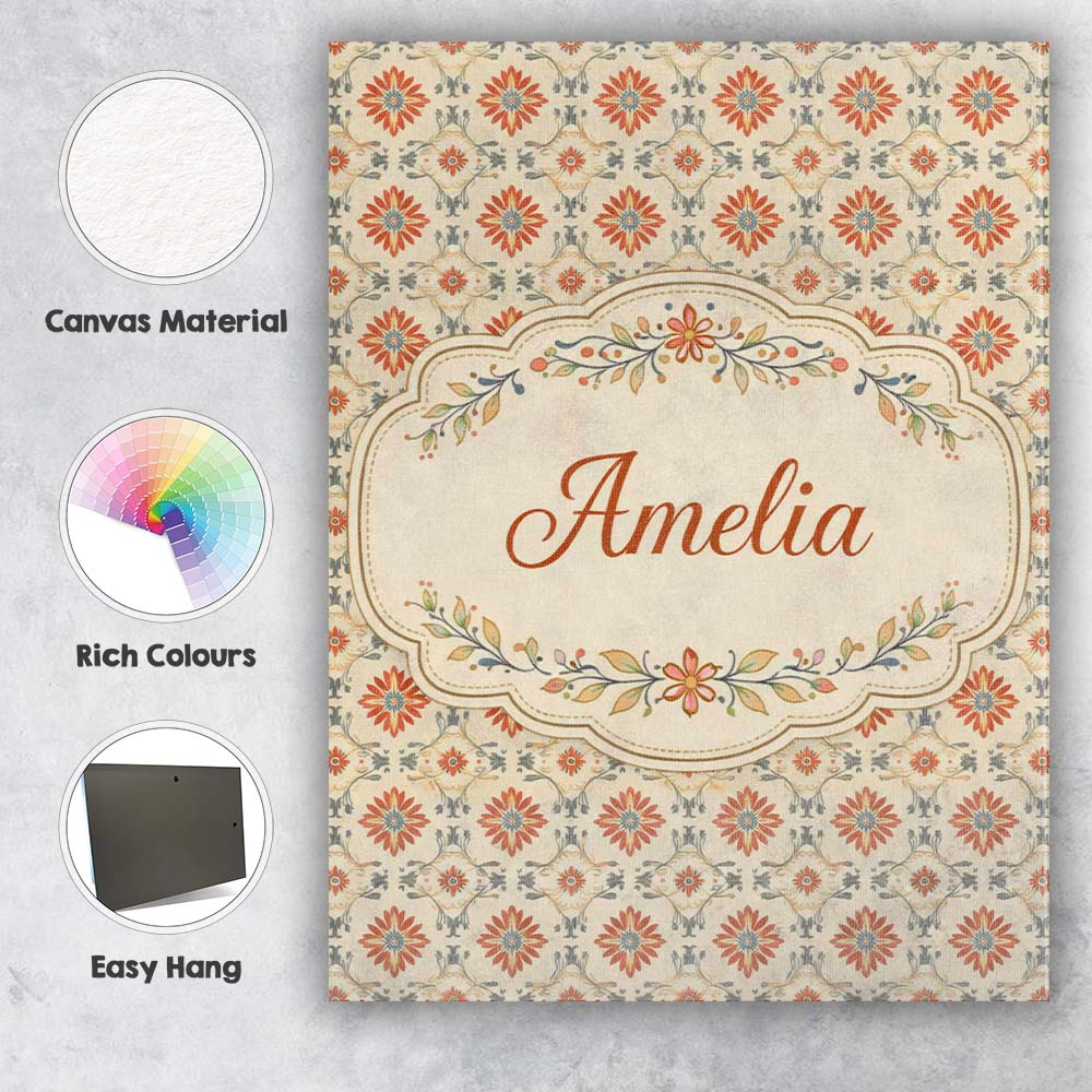 Personalised Name Aqua Orange Floral Tile Custom Unique Gift Idea Elegant Feature Canvas Wall Art Print Decor Picture Ready to Hang