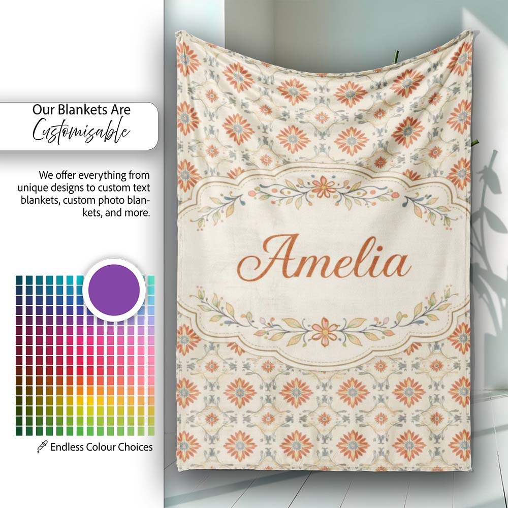Aqua Orange Floral Tile Repeating Seamless Pattern Cute Unique Gift Personalised Custom Name Super Soft Fleece Blanket Bed Sofa Throw