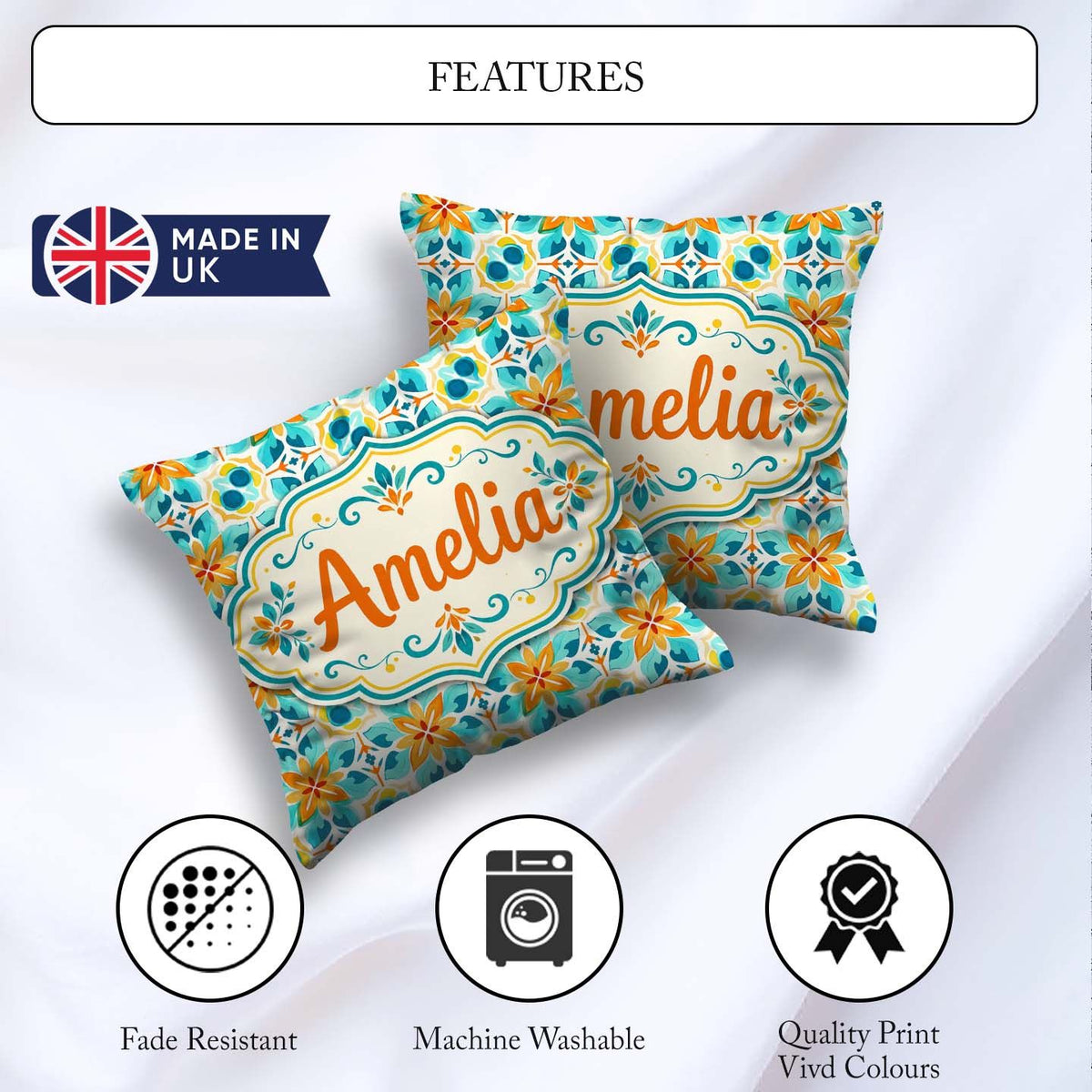 Custom Name Dark Floral Folk Pattern Orange Blue Seamless Lovely Square Filled Cushion Throw Pillow Sofa Bed Home Decor Zip Washable UK Made