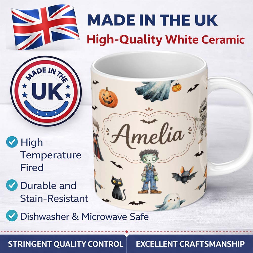 Personalized Custom Name Halloween Zombie Mummy Vampire and Bat Characters Beige Background 11oz Ceramic Coffee Tea Mug White Large Handle