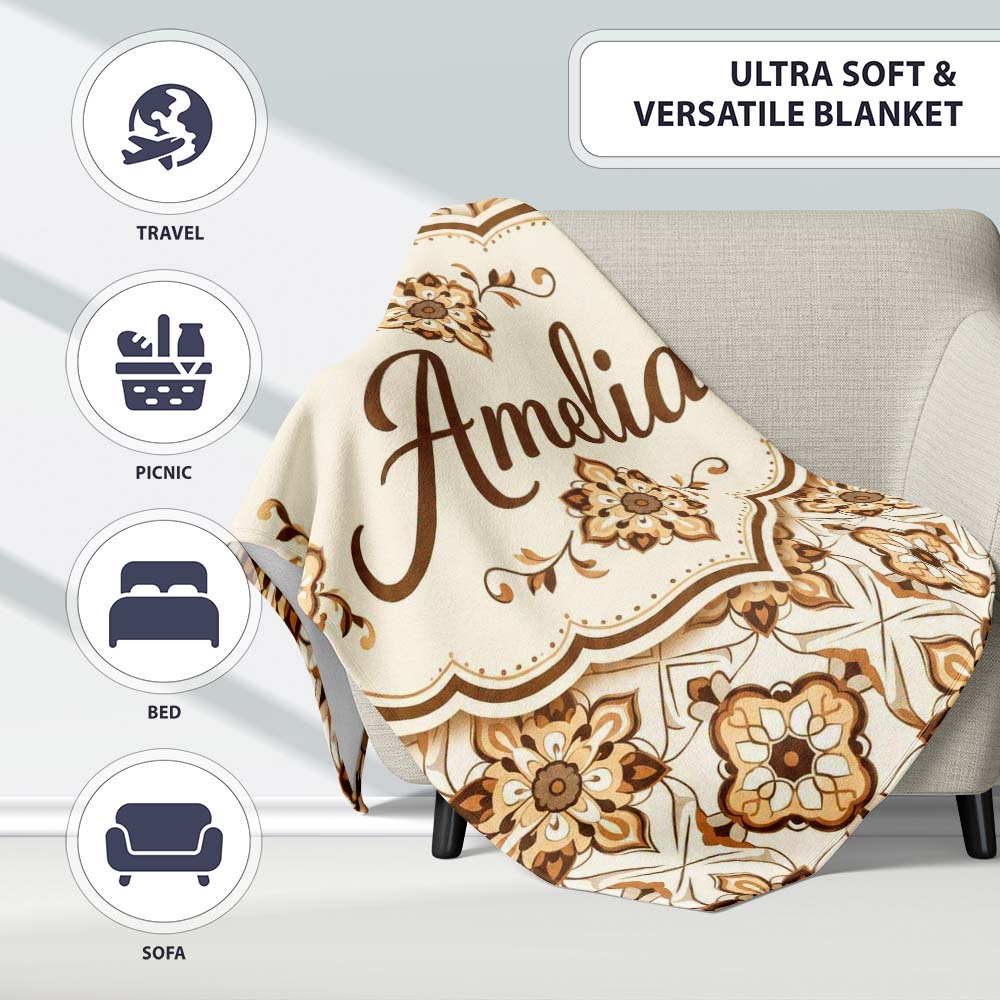 Ornamental Blue Floral Lattice Vintage Seamless Pattern Lovely Personalised Custom Name Super Soft Fleece Blanket Bed Sofa Throw