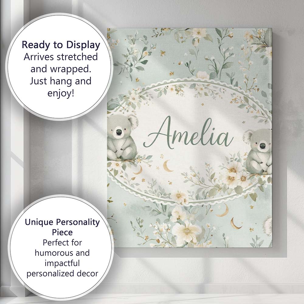 Personalised Name Daisy and Moon Botanical Pattern Green Background Custom Canvas Wall Art Print Decor Picture Ready to Hang