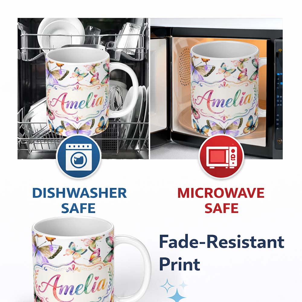 Personalized Custom Name Colorful Watercolor Butterflies on White Background Seamless 11oz Ceramic Coffee Tea Mug White Large Handle