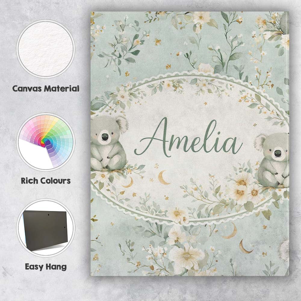 Personalised Name Daisy and Moon Botanical Pattern Green Background Custom Canvas Wall Art Print Decor Picture Ready to Hang