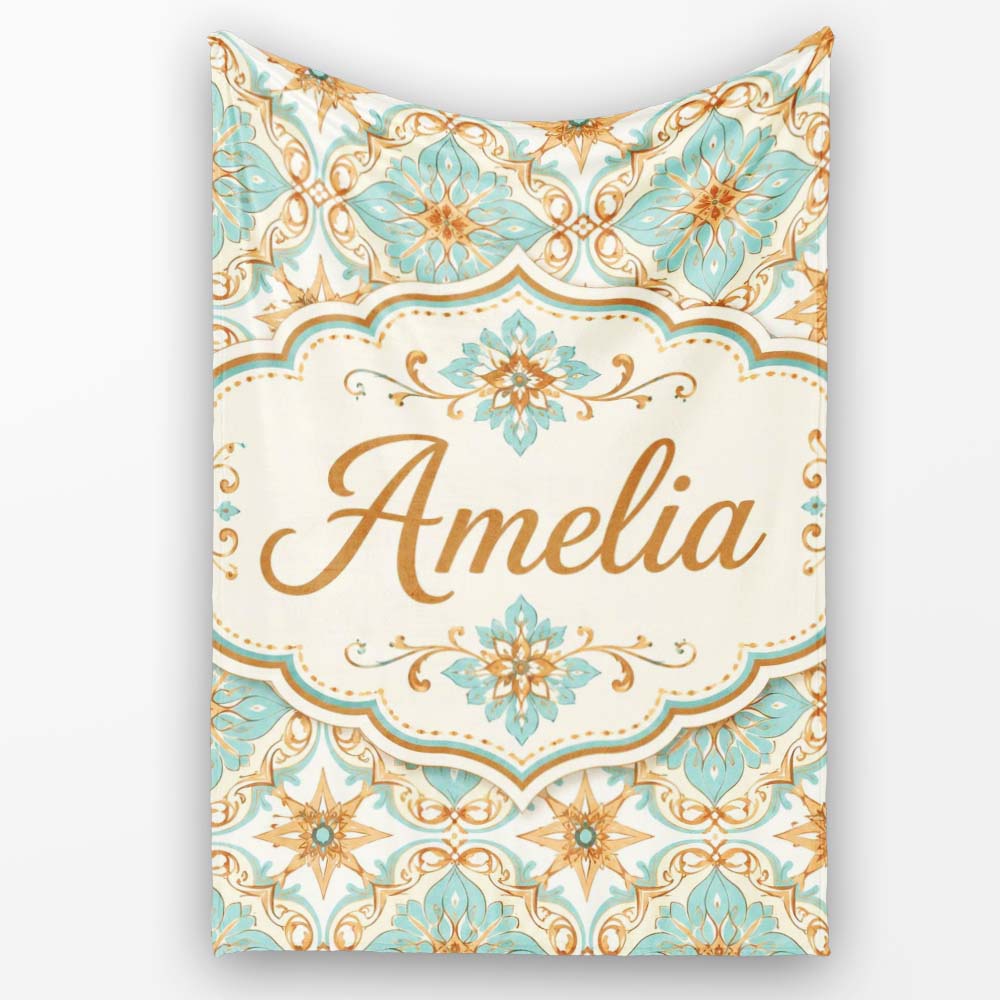 Muted Blue Green Vintage Tile Floral Seamless Pattern Lovely Personalised Custom Name Super Soft Fleece Blanket Bed Sofa Throw
