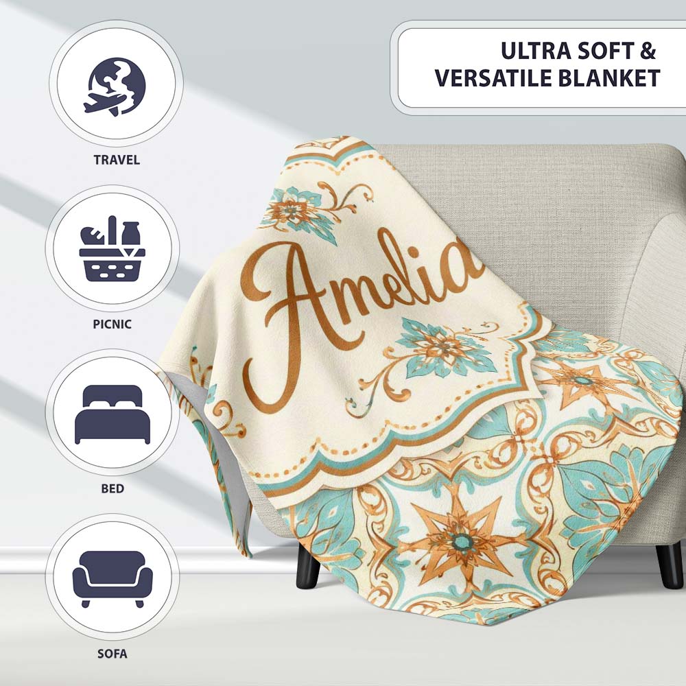Muted Blue Green Vintage Tile Floral Seamless Pattern Lovely Personalised Custom Name Super Soft Fleece Blanket Bed Sofa Throw