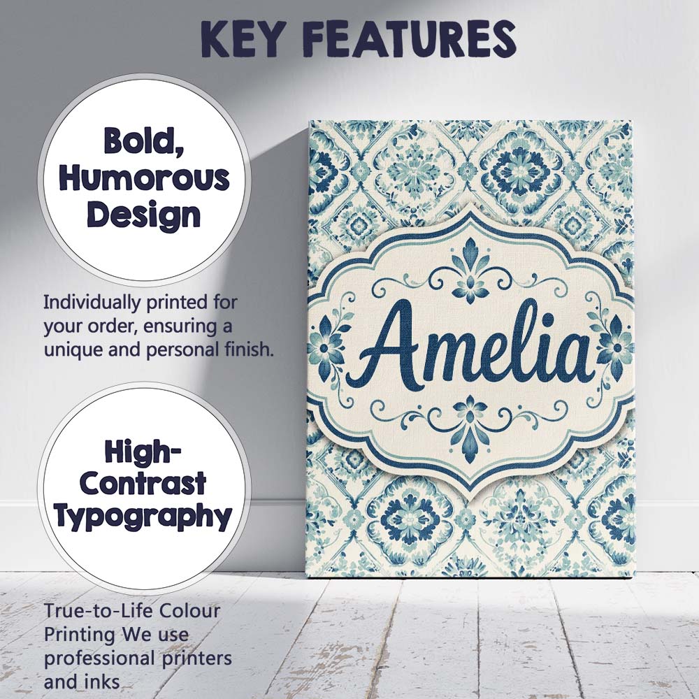 Personalised Name Classic Floral Tile Custom Modern Room Accent Creative Decorator Style Canvas Wall Art Print Decor Picture Ready to Hang