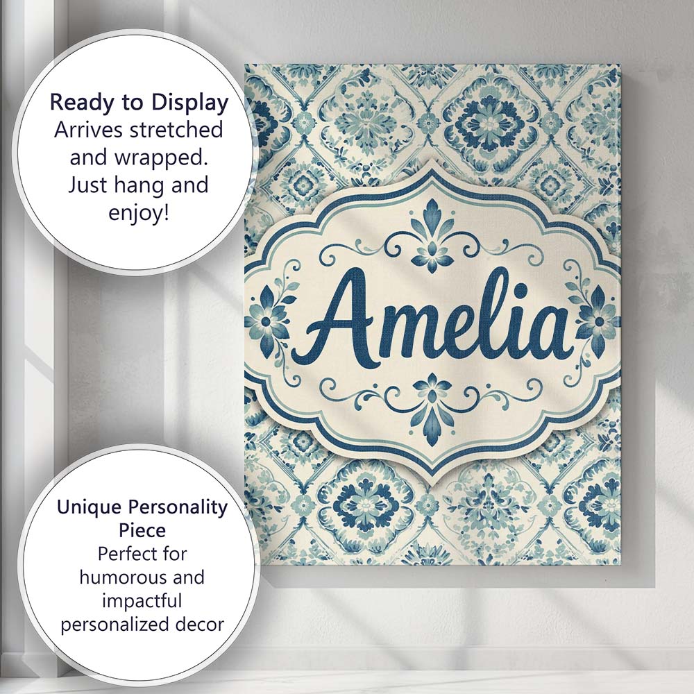 Personalised Name Classic Floral Tile Custom Modern Room Accent Creative Decorator Style Canvas Wall Art Print Decor Picture Ready to Hang